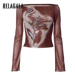 RelaGala Nữ Mới Retro Lưới In Vai Dài Tay Rốn Áo Thun Đa Năng