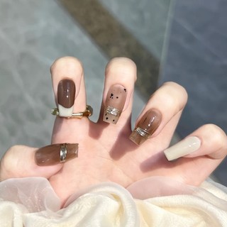 Mùa Thu Đông Handmade Đeo Móng Tay Đầu Maill Ice Trong Suốt Vỏ Trứng Thu Đông Caramel Pháp Làm Móng Tay Nhẹ Sang Trọng Ngắn Làm Móng Tay