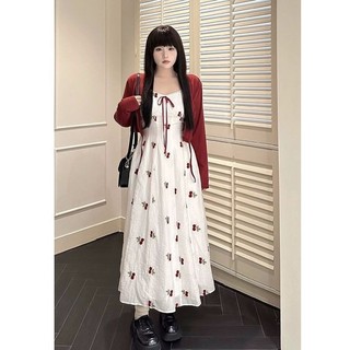 【Bess's house】váy hoa nhí dáng dài nữ, đầm in hình cherry ngọt ngào, kèm cardigan dệt kim hai mảnh, chân váy dài, váy sang chảnh
