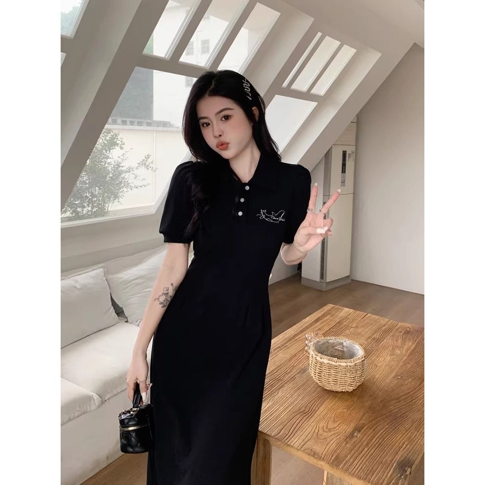 【Bess's house】váy bigsize nữ, chân váy dài 2 dây, cổ polo ngắn tay hở lưng 2024, đen nhỏ ôm eo mùa hè, tiểu thư sang chảnh, Liền | BigBuy360 - bigbuy360.vn