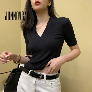 Áo thun nữ JUNNOVGAL tay ngắn 2024 Đơn giản cổ chữ V Slim Fit Màu trơn Phong cách mới