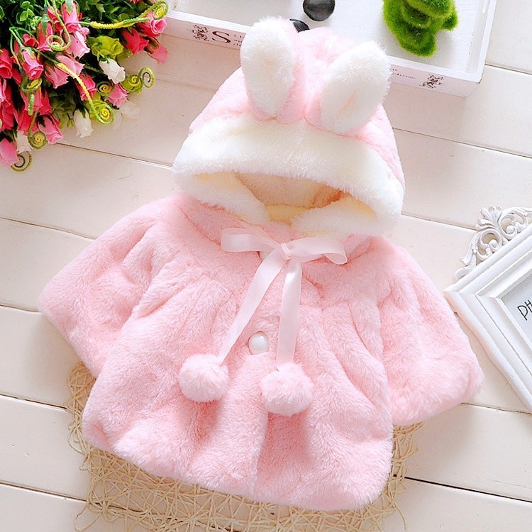 Mùa Đông Bé Gái Áo Ấm Trắng Hồng Tai Thỏ Có Mũ Trùm Đầu Áo Phong Cách Hàn Quốc Nhung Dễ Thương Áo Khoác Dày Cho Bé