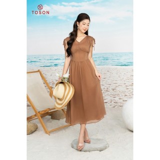 Đầm tơ nâu dáng xòe, vai rút nhún 48066N14 - TOSON