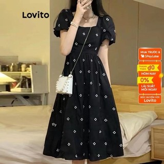 Đầm Lovito cổ vuông tay phồng họa tiết hoa thường ngày cho nữ LNE05105 (màu đen)