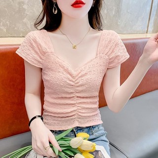 Áo thun ngắn tay cổ vuông dành cho nữ mùa hè Phong cách mới Tính khí thời trang mỏng hơn