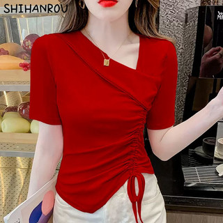 SHIHANROU Áo thun tay ngắn SHIHANROUShort thiết kế cổ chữ V và dây rút không đều cho phong cách mùa hè mới GM2453IVA