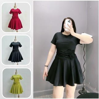 Đầm xòe nữ cổ tròn ngắn tay chất thun gân mềm mịn co giãn bản eo to đính hoa tôn dáng trẻ trung có bigsize 50-95kg G667