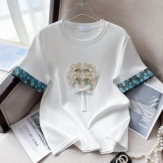 Begonia Boutique Nữ Mới Phong Cách Trung Hoa Phong Cách Trung Hoa Thêu Trắng Ngắn Tay Áo Thun Nữ Mùa Hè Phong Cách Mới Thiết Kế Bên Trong Niche Stitching Top
