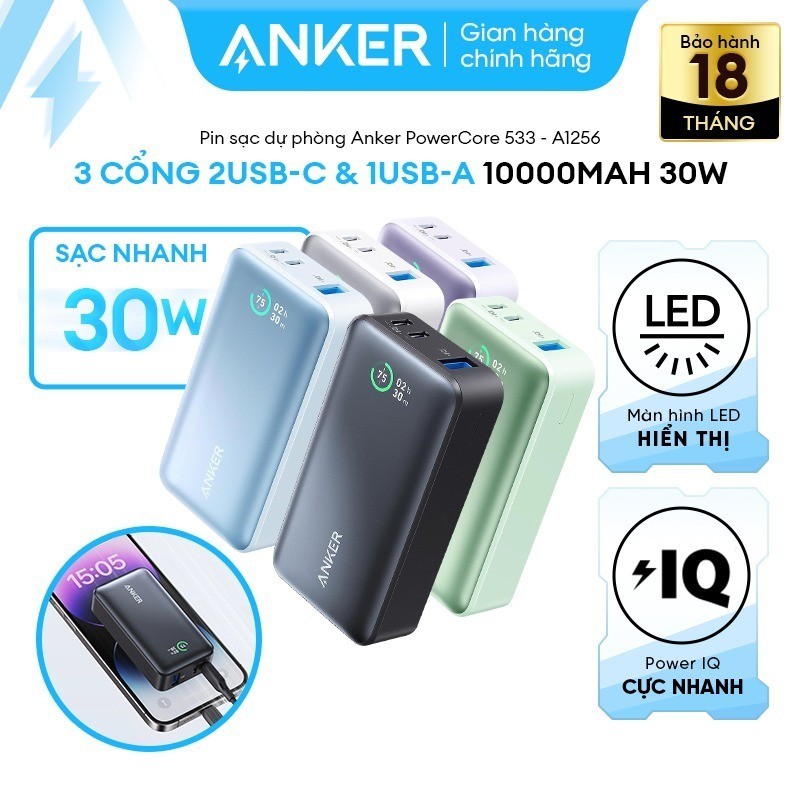 Pin Sạc Dự Phòng ANKER 533 PowerCore 10000mAh 30W - 3 cổng 2USB-C 1USB-A - A1256