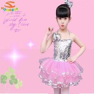 Hobibear / / Váy tutu đính sequin trang phục biểu diễn phong cách mới sling biểu diễn trang phục trẻ em nhảy jazz váy gạc màu vàng