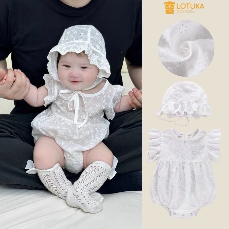 Body Chip Cánh Tiên Thô Thêu Hoa 100% Cotton Kèm Mũ LOTUKA Cho Bé Gái, Bodysuit Cho Bé, Bộ Liền Thân Size 3-12kg