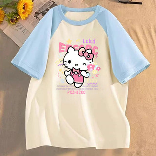 [Polyester] Áo thun ngắn tay Kitty dáng rộng phiên bản Hàn Quốc dành cho nữ Áo thun mùa hè chắp vá thời trang giản dị