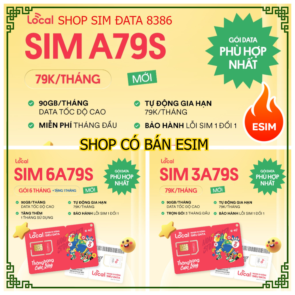 SIM LOCAL A79 , 6 THÁNG , 3 THÁNG , 3GB/ngày –  Mua 6 Tặng 1- Có eSIM