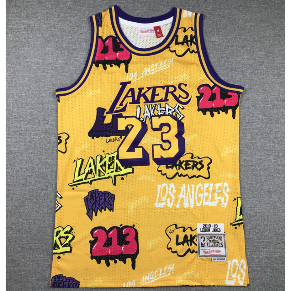 mùa giải mới NBA nam Los Angeles Lakers #   23 áo bóng rổ thêu LeBron James phiên bản graffiti áo và