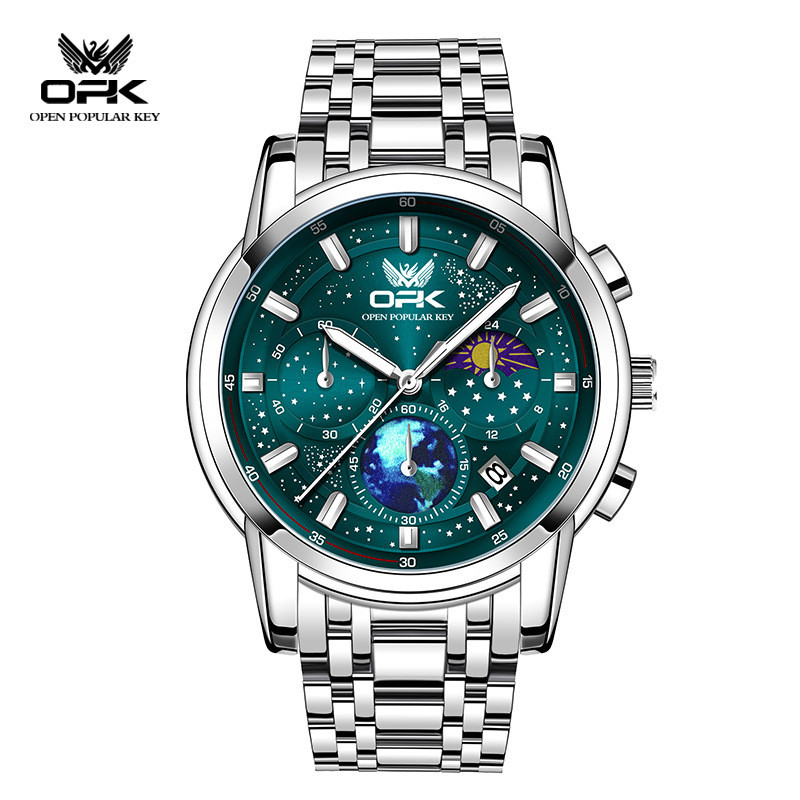 Đồng hồ OPK Bán chạy Đồng hồ thạch anh dạ quang pha mặt trăng Chronograph Đồng hồ nam