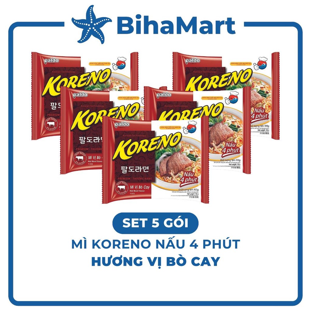 [SET 5 GÓI]-PALDO- Mì nấu Koreno hương vị Bò cay, Mì Koreno Bò cay Hàn Quốc, Mì bò cay Koreno Hàn Qu