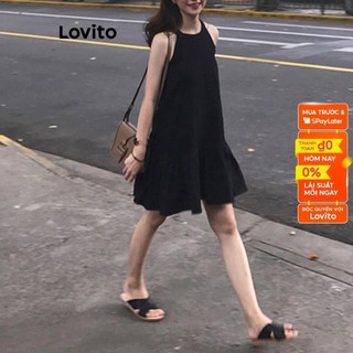 Đầm Lovito xếp nếp nhún bèo tầng màu trơn thường ngày cho nữ LNA16196 (Màu đen)