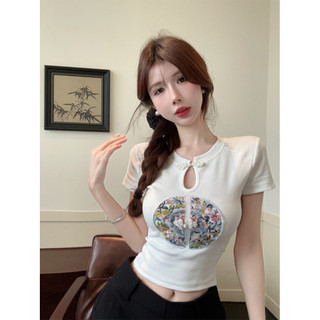 Liasynn 2024 Mới Phong Cách Trung Quốc Công Nghiệp Nặng Thêu Khóa Thiết Kế Cảm Giác Trang Trọng Vai Niche Áo Thun Cô Gái Nóng Đáy Áo Sơ Mi Áo Thun Tay Ngắn Bán Chạy