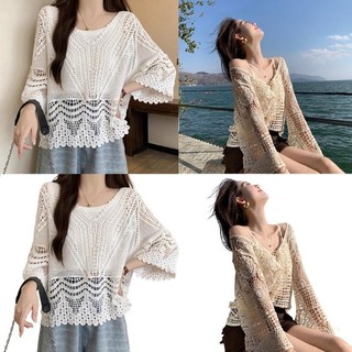 R nữ mùa hè móc coverups tay dài đi biển lưới top đồ bơi dệt kim bikini tắm phù hợp với che