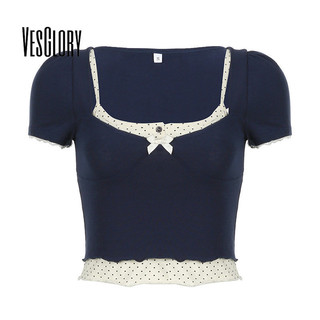 Áo thun nữ VesGlory 2024 Retro In màu tương phản cổ vuông tay ngắn Slim Fit Crop Top
