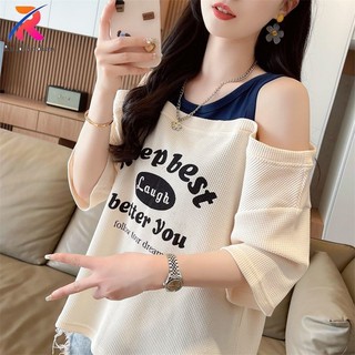 Ruidiandiandian Hai Miếng Waffle Áo Thun Tay Ngắn Nữ Mùa Hè Mới Tắt Vai Hàn Quốc Rời Quá Khổ In Hình Niche Top