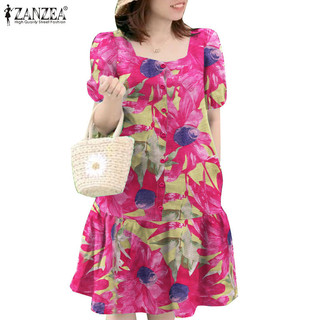 Zanzea Nữ Tay Phồng Cổ Vuông Đuôi Cá Viền Ruffle Hem Cotton In Váy