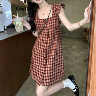 Lovito Đầm cài nút Gingham thông thường cho nữ LNA40066