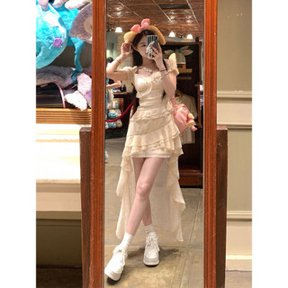 Hàng sẵn có Ngắn Trước Ngắn Lưng Ngắn Dài Không Đều Hoa Xù Tay Phồng Phong Cách Nhẹ Nhàng Nữ Cổ Tích Đầm