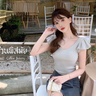 Áo thun nữ JUNNOVGAL Đơn giản cổ chữ V cắt thấp màu trơn Phong cách mới tay ngắn