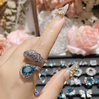 Nhẫn Aquamarine Micro-Set Vòng mở phóng đại