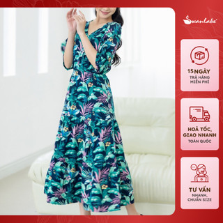  - Váy Đầm Maxi Dáng Dài Thắt Eo Vải Linen Hoa Cổ V Tay Lỡ Phồng Họa Tiết Hoa Lá Mùa Hè Du Lịch - D09792
