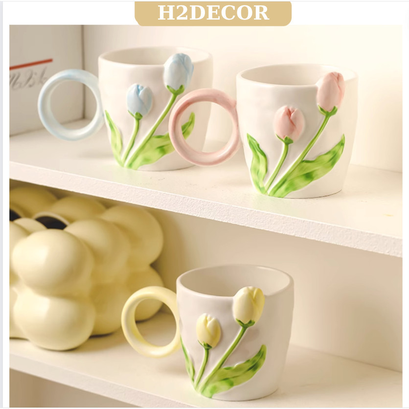 Cốc, ly sứ bông hoa tulip,hộp quà tặng cốc dễ thương- H2decor