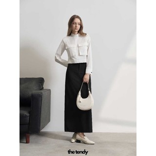 Áo sơ mi LAYLA tay dài, màu trắng, dáng croptop, cổ trụ, túi hộp hai bên | the tendy - natural & minimalist