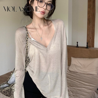 MOLASOME Nữ Thời Trang Gợi Cảm Màu Trơn Cổ Chữ V Tay Dài Áo Micro Nhìn Xuyên Qua