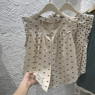 Yuewen Retro Chấm Bi Áo Sơ Mi Nữ Bay Tay Áo Sơ Mi Mùa Hè Phong Cách Mới Không Tay Áo Sơ Mi Cho Bé Ôm Hơn Nhìn Giảm Tuổi Thời Trang Hàng Đầu