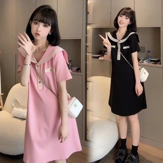 Váy Xuông Chữ A Cổ Hải Quân Phối Màu Tương Phản Phong Cách Hàn Quốc Trẻ Trung