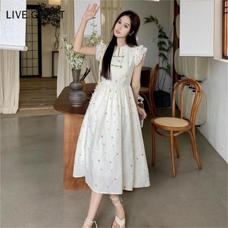 Váy nữ LIVE GREA phiên bản Hàn Quốc tay bay mới phong cách Trung Quốc nút mỏng dễ thương váy dài cotton nguyên chất