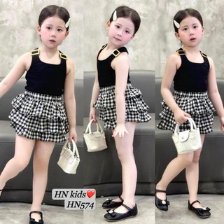 10-28kg Set áo quai mix chân váy kẻ 3 tầng cho bé gái, set váy sang chảnh cho bé gái