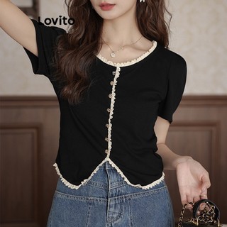 Áo kiểu Lovito không đối xứng phối viền tương phản màu trơn thanh lịch cho nữ LNE21283 (Nhiều màu)