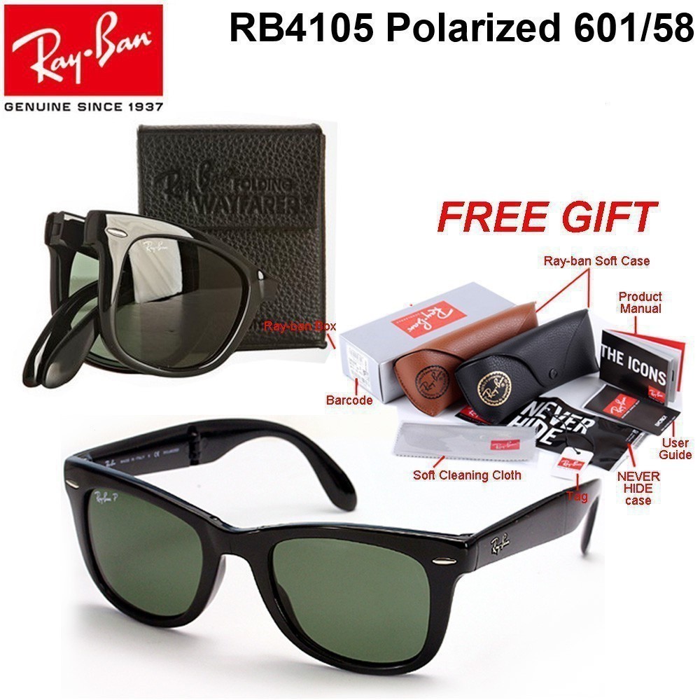 Rayban gấp 100% Kính râm thông thường thời trang Luxottica Ý RB4105 601 (đen)
