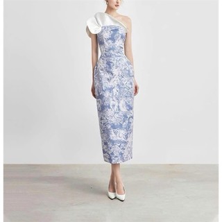 Đầm Xecop Party Dress lệch vai hoa văn xanh,A08, Chic House
