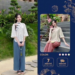 Bộ pháp phục đi chùa chất đũi linen cổ tàu hoa nhí - quần áo đi chùa - bộ đồ lam đi chùa nữ - b80