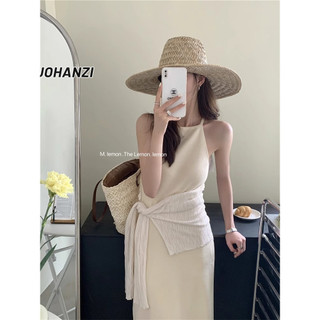 Duohanzi Đầm ôm Hàn Quốc Slim Fit Suspender Dây Cổ Dệt Kim Dài Đầm