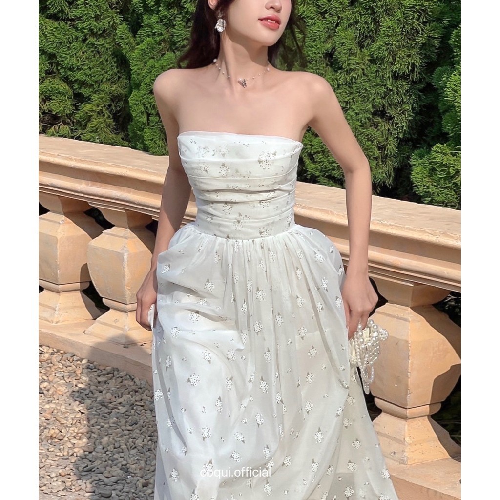 Đầm maxi cúp ngực dáng dài COQUI thanh lịch, Váy dáng dài tơ in hoa tiểu thư dự tiệc có mút LINH LAN DRESS | BigBuy360 - bigbuy360.vn