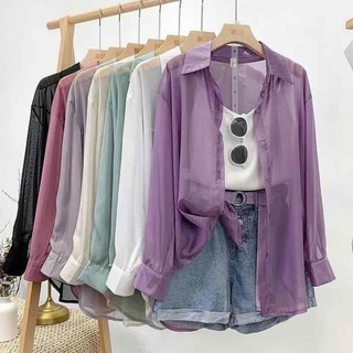 Áo khoác voan sợi ngọc trai lấp lánh Áo khoác mỏng dáng rộng dài tay