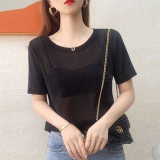 Yuewen See-Through Gạc Áo Thun Nữ Tay Ngắn Top Rời Trang Trọng Vai Áo Thun Nữ Ice Silk