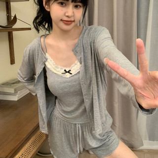 Mùa Hè Có Đệm Dây Quần Short Tay Dài Ba Mảnh Phù Hợp Với Bộ Đồ Ngủ Nữ Dễ Thương Màu Xám Rời Ren Modal Phù Hợp Với