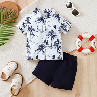Bộ đồ cho trẻ mới biết đi 0-2 tuổi Bé trai tay ngắn 2 chiếc in cây dừa với quần Short màu trơn Cổ đứng Xu hướng thời trang Quần áo trẻ em hàng ngày thông thường