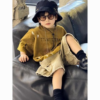 Bé Trai Rách Tie-Dye Áo Thun Tay Ngắn Mùa Hè 2024 Phong Cách Mới Rách Quần Short Denim Hợp Thời Trang Trẻ Em Trung Nhỏ Tay Trẻ Em