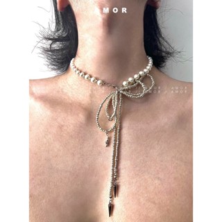 Vòng cổ ngọc trai nơ đính cườm có cà vạt trái tim cô gái ngọt ngào choker thời trang